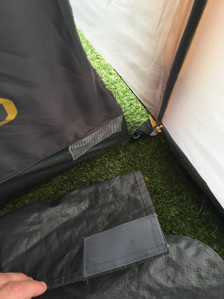 Benefits of the 'Linked' groundsheet vs a sewn-in groundsheet: you can just roll it away whenever you'd like to.