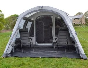 Outdoor Revolution Edale 4TC air tent with porch - a polycotton tent with a sloping front profile. Large porch, compared to the size of the tent.