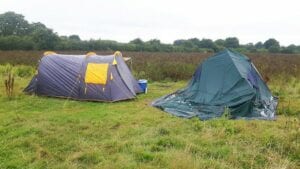 A collapsed pole tent - despite the myth that air tents are susceptible to collapsing, it is actually pole tents that cannot flex out windload